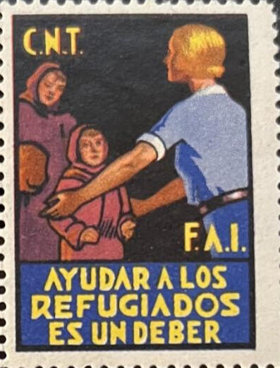 CNT produced Stamp reading "Helping refugees is a duty."