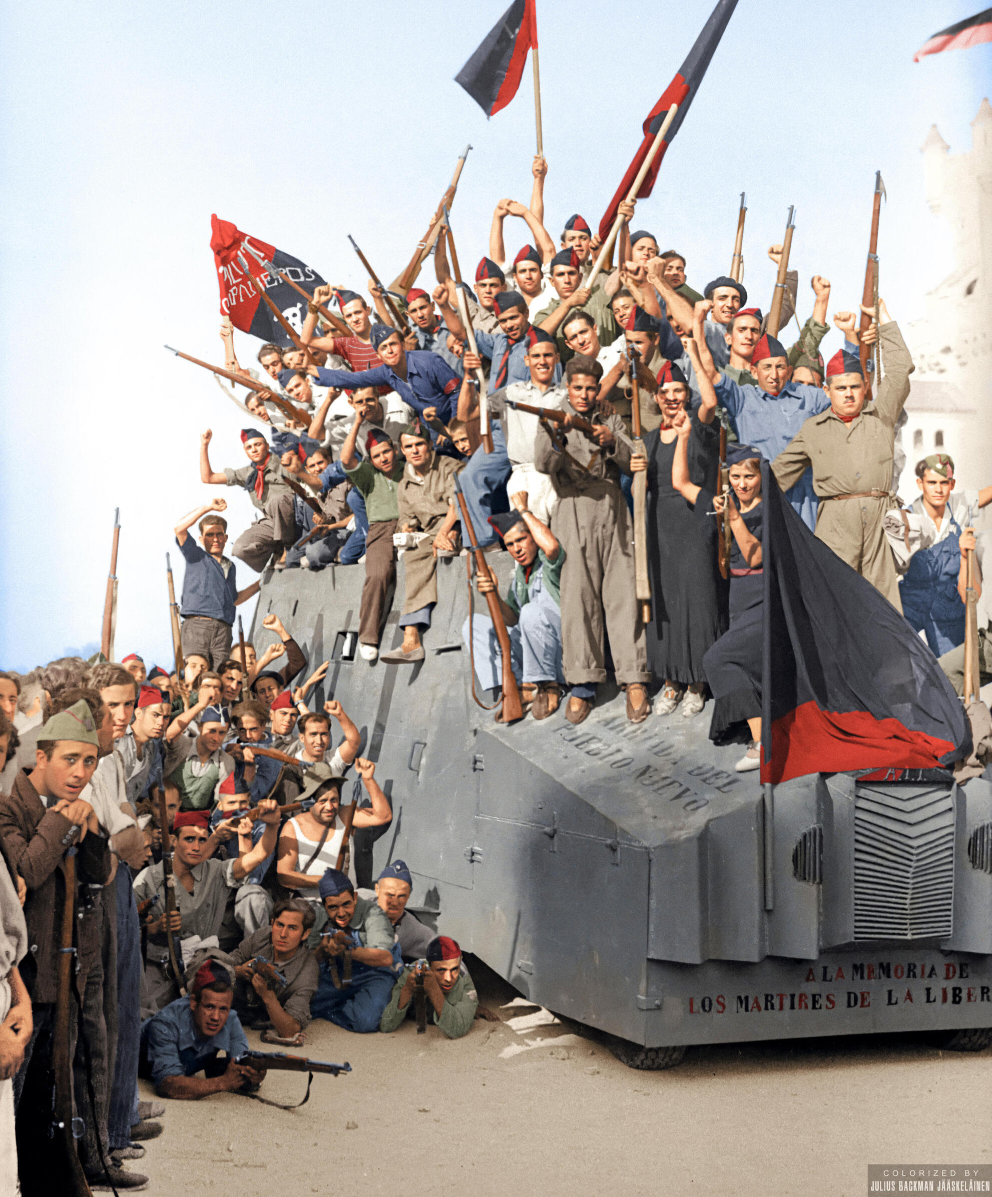 Colorized image of anarchist militia members.