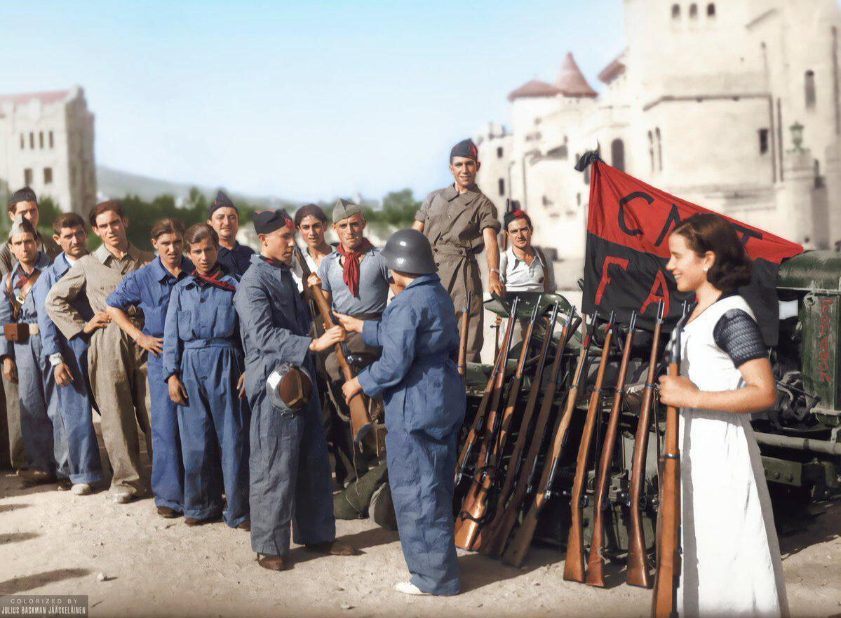 Colorized image of anarchist militia members.