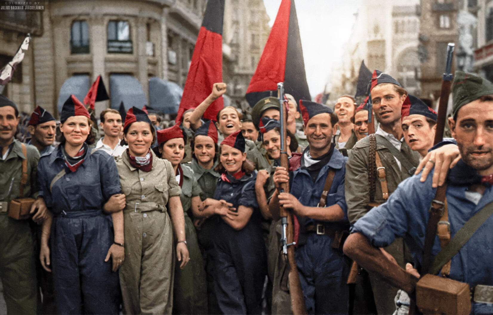 Colorized image of anarchist militia members.
