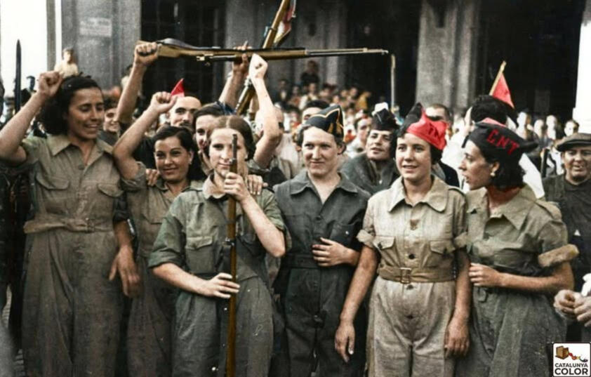 Colorized image of anarchist militia members.